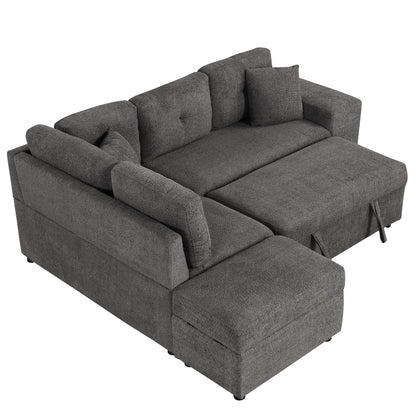 Convertible Sleeper, Sectional Pull Out Sofa Bed With Storage Ottoman, 2 Throw Pillows, 2 Stools, Wireless Charger And Two Hidden USB Ports For Living Room - Dark Gray