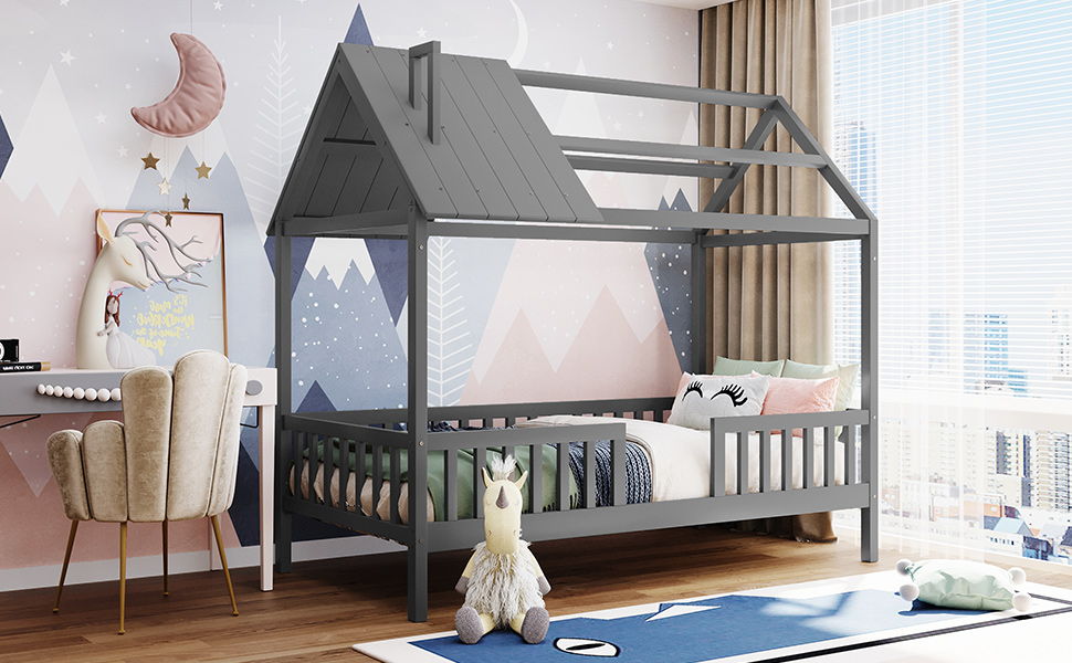 Twin Size House Bed With Fence - Gray