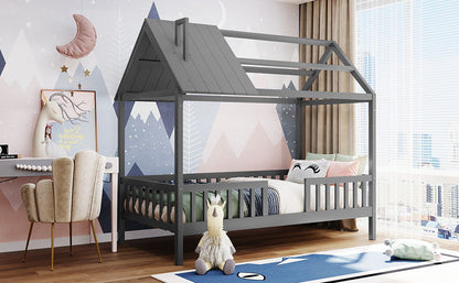 Twin Size House Bed With Fence - Gray