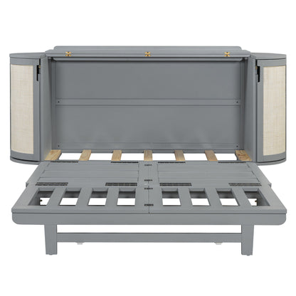 Queen Murphy Bed With Hidden Storage & Modern Woven Design - Gray