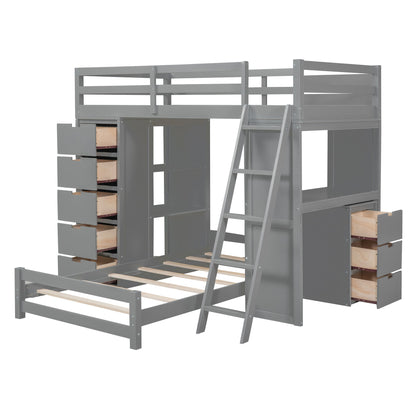 Twin Over Twin Bunk Bed With LED Light And USB Ports - Gray