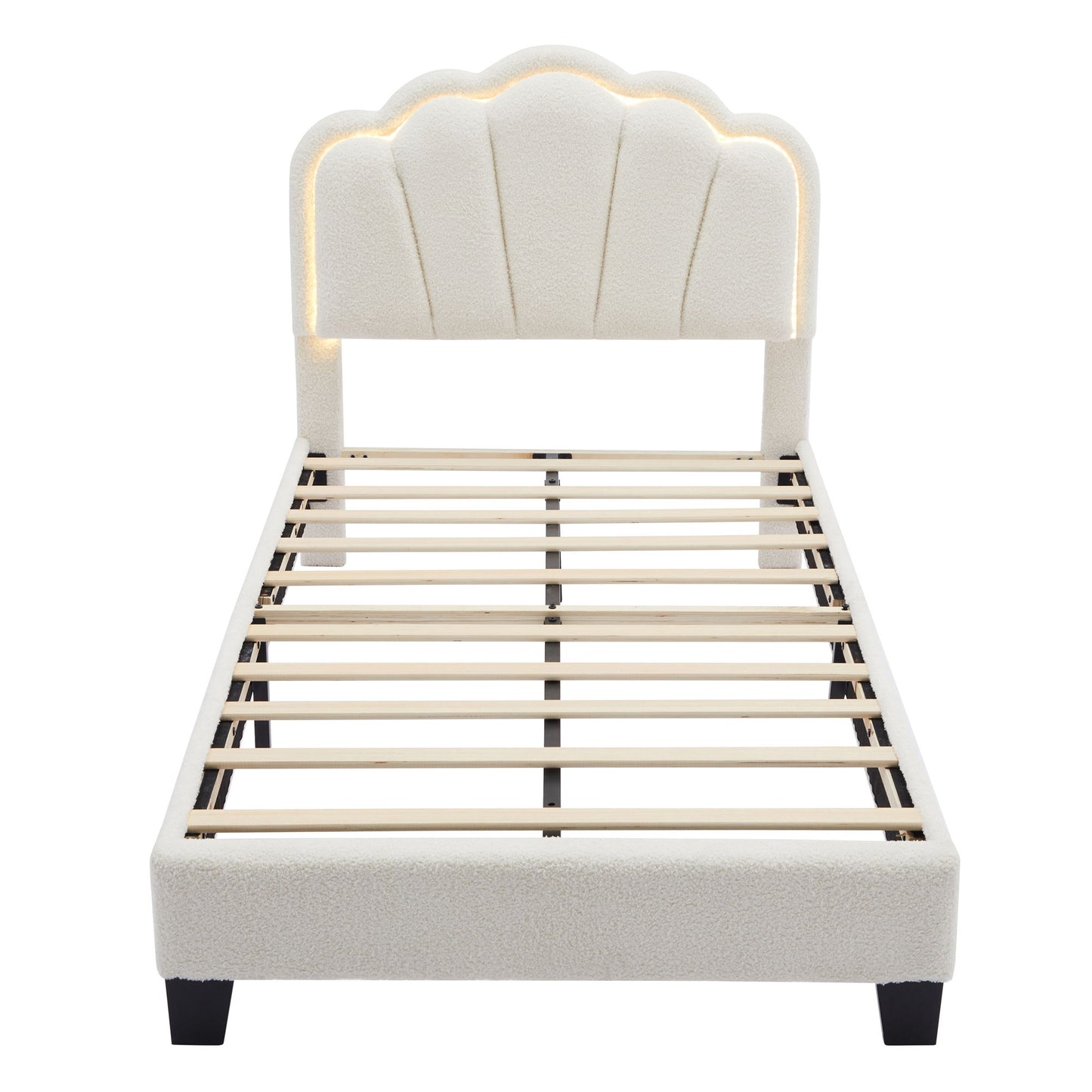 Twin Size Upholstered Flower-Shape Bed, Elegant Flowers Headboard With LED Light Strip, Sherpa Fabric Platform Bed With Slats Support - White