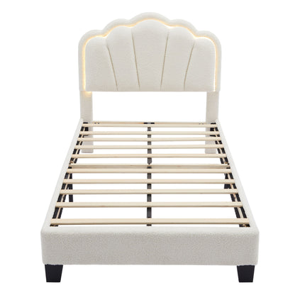 Twin Size Upholstered Flower-Shape Bed, Elegant Flowers Headboard With LED Light Strip, Sherpa Fabric Platform Bed With Slats Support - White