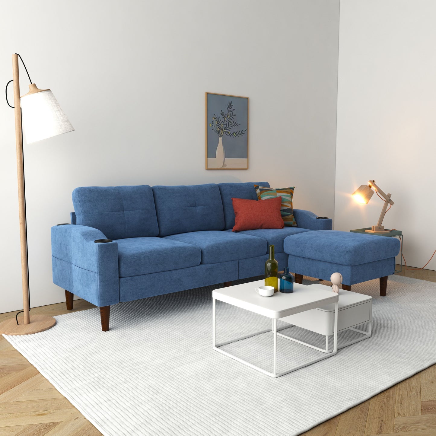 Convertible Combination Sofa, Sofa L Shaped, Sofa With Storage Cabinet Footstool, Living Room Sofa, Living Room 3 Seater Combination Sofa - Navy Blue