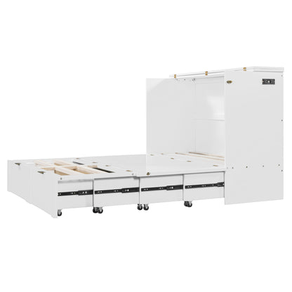 Full Size Murphy Bed With Drawer And A Set Of Sockets & USB Ports, Pulley Structure Design - White
