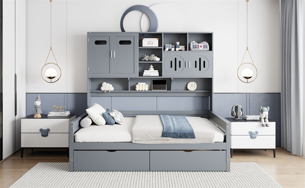 Full Size Daybed With 2 Drawers And All In One Cabinet And Shelf - Gray
