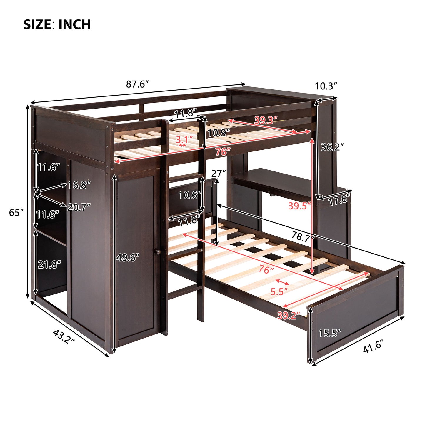 Twin Size Loft Bed With A Stand Alone Bed, Shelves, Desk, And Wardrobe - Espresso