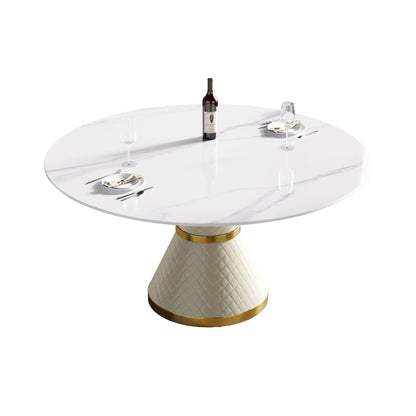 59.05" Modern Artificial Stone Round Carbon Steel Base Dining Table, Can Accommodate 6 People - White
