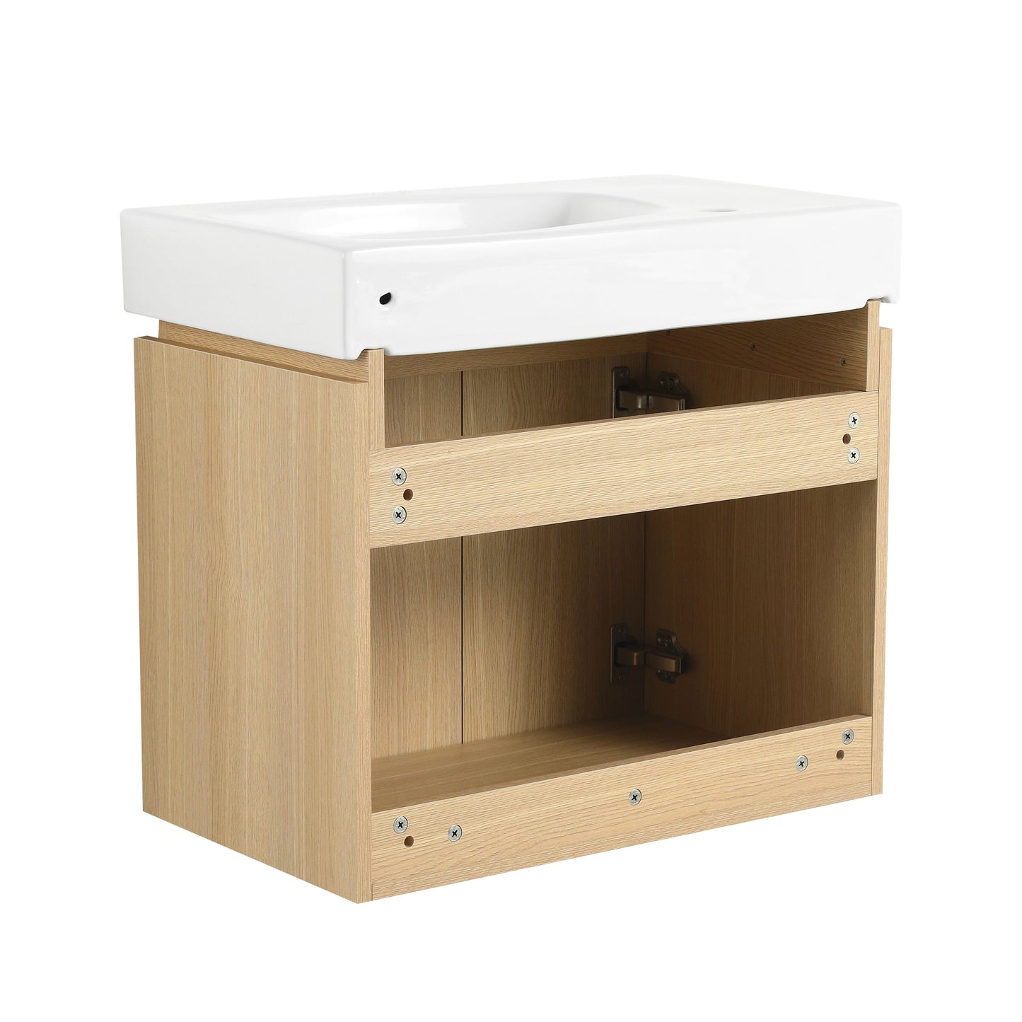 Modern 24" Bathroom Vanity With Ceramic Basin, Wall Mounted Floating Sink Combo, Wooden Storage Cabinet - Oak