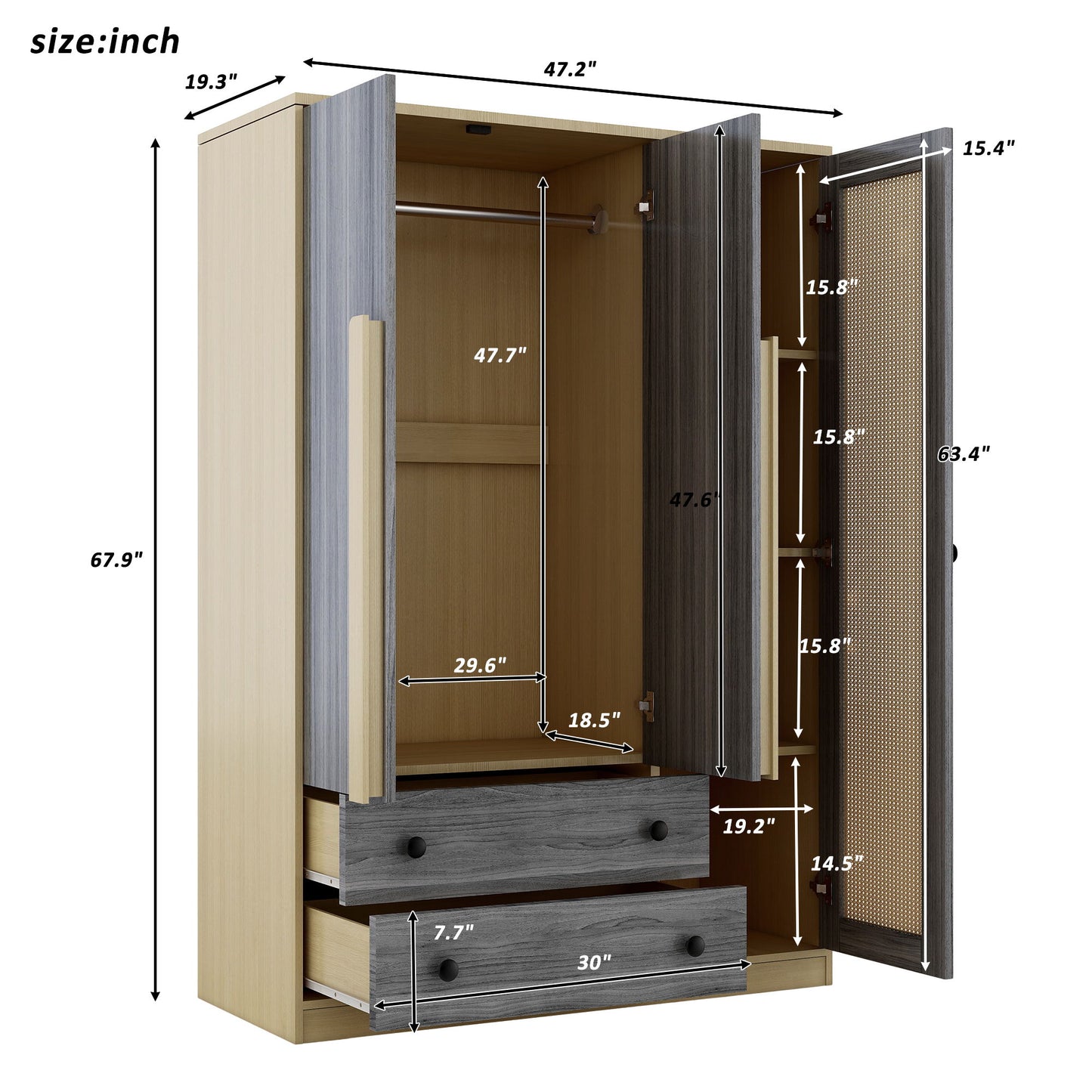 3 Doors Rattan Wardrobe Storage For Bedroom, With 2 Drawers - Gray / Nature