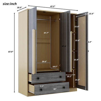 3 Doors Rattan Wardrobe Storage For Bedroom, With 2 Drawers - Gray / Nature