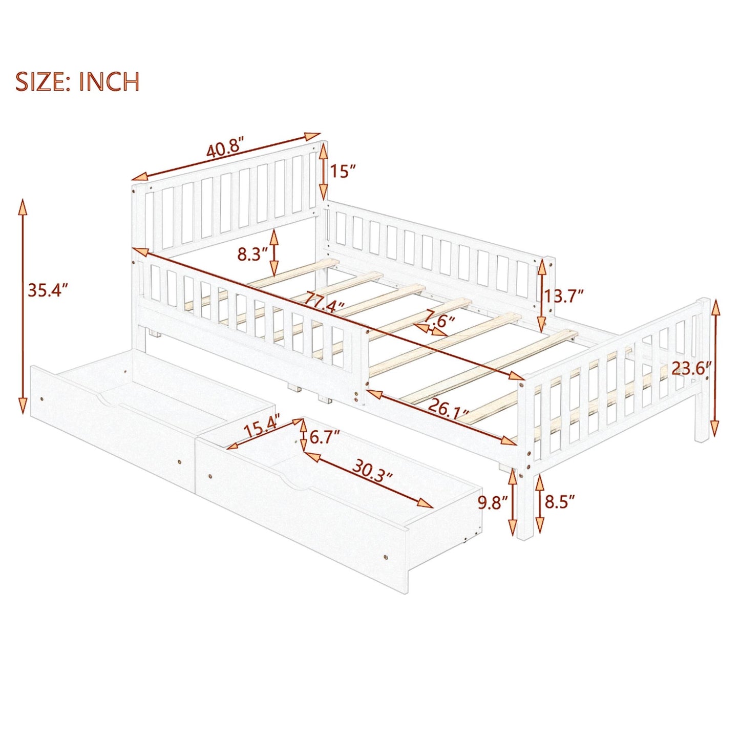 Twin Size Platform Bed With Guardrails On Both Sides And 2 Storage Drawers - Gray