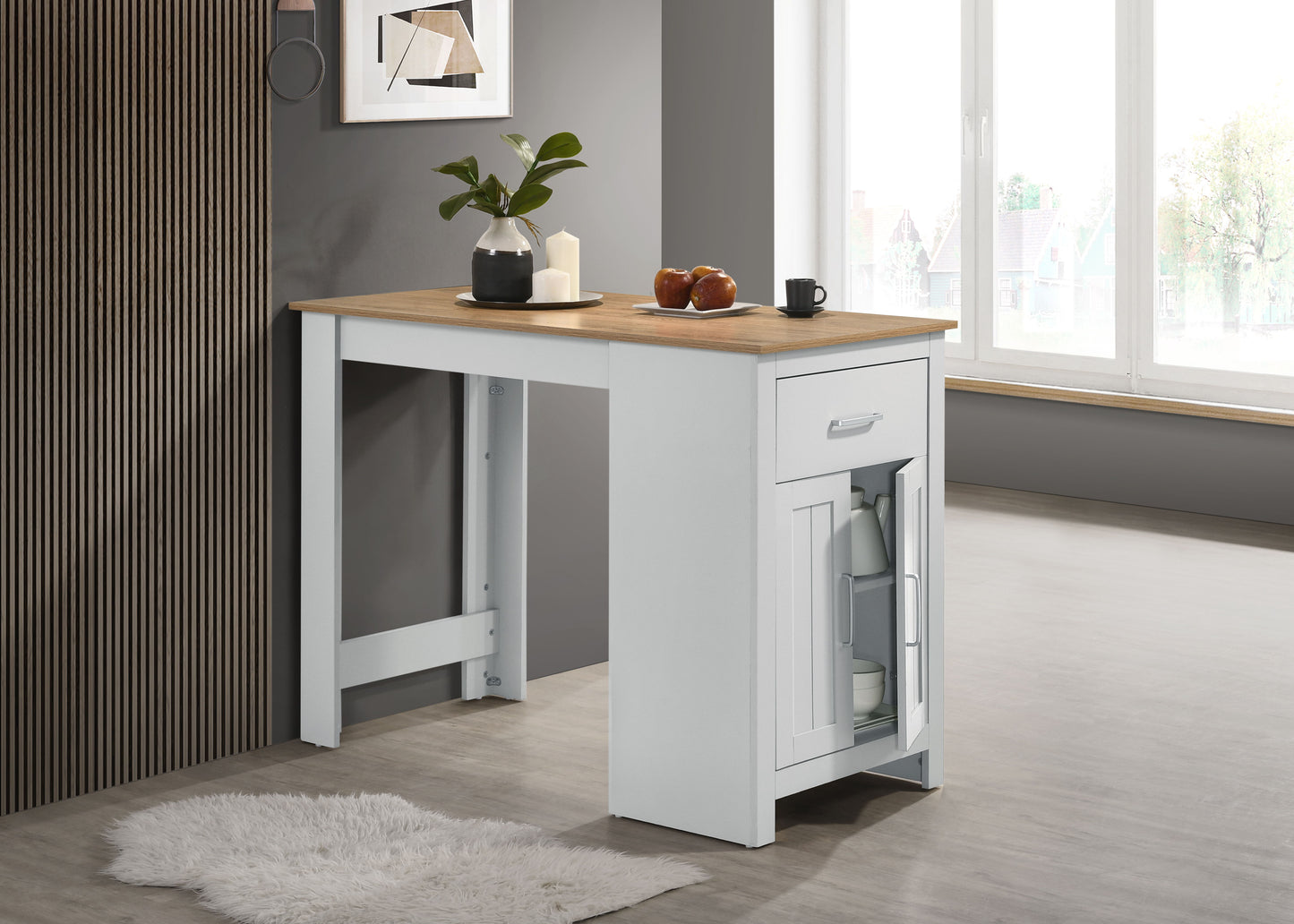 Alonzo - Small Space Counter Height Dining Table With Cabinet And Drawer Storage - Oak And White