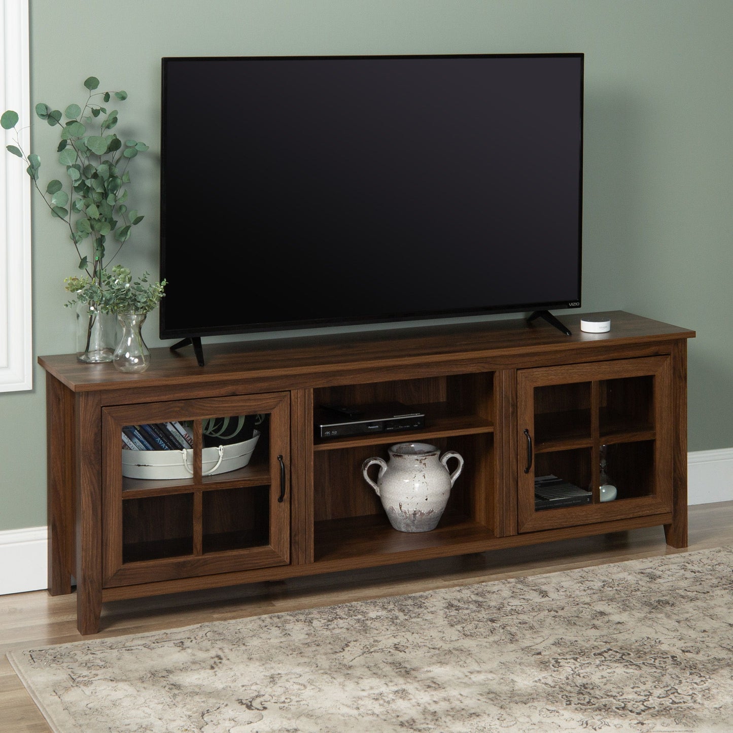 Modern Farmhouse 2 Door Glass Windowpane 70" TV Stand For 80" TVs - Dark Walnut