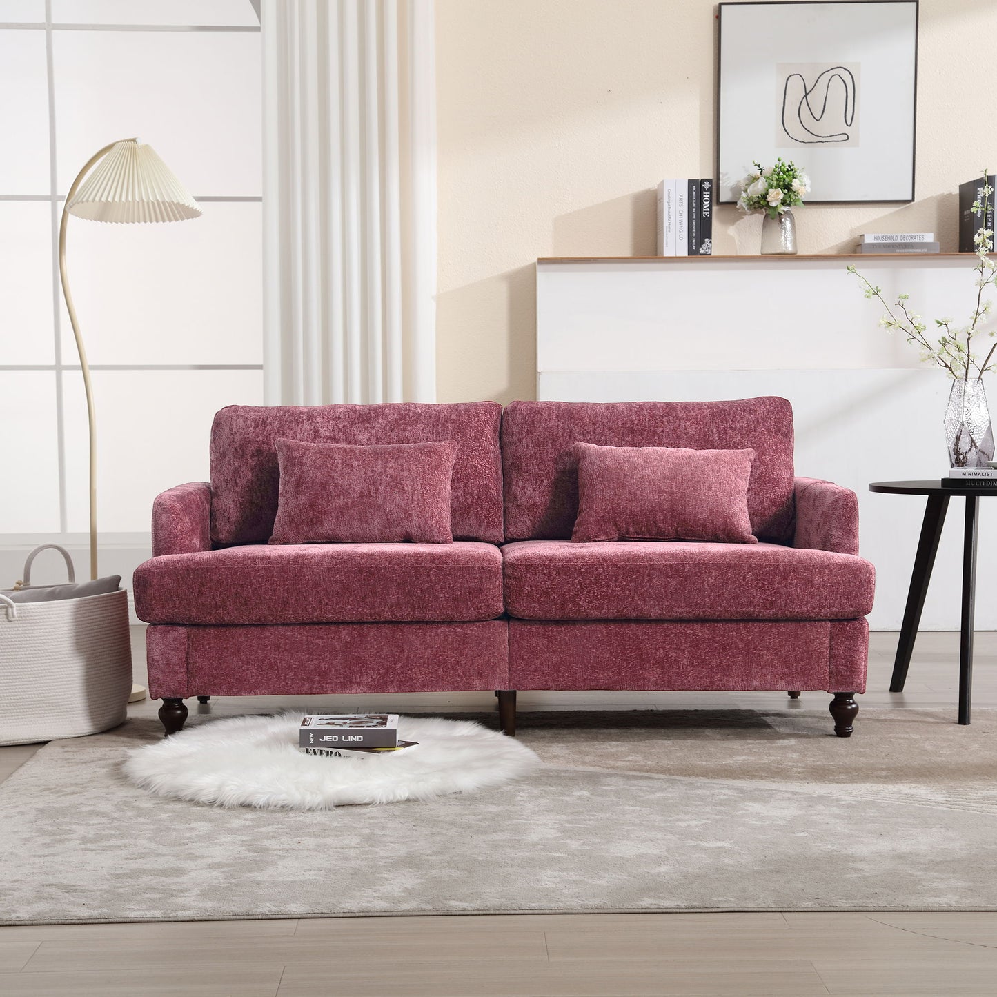 Mid Century Modern Chenille Fabric Loveseat Sofa, 2 Seat Upholstered Couch With Wood Feet - Wine Red