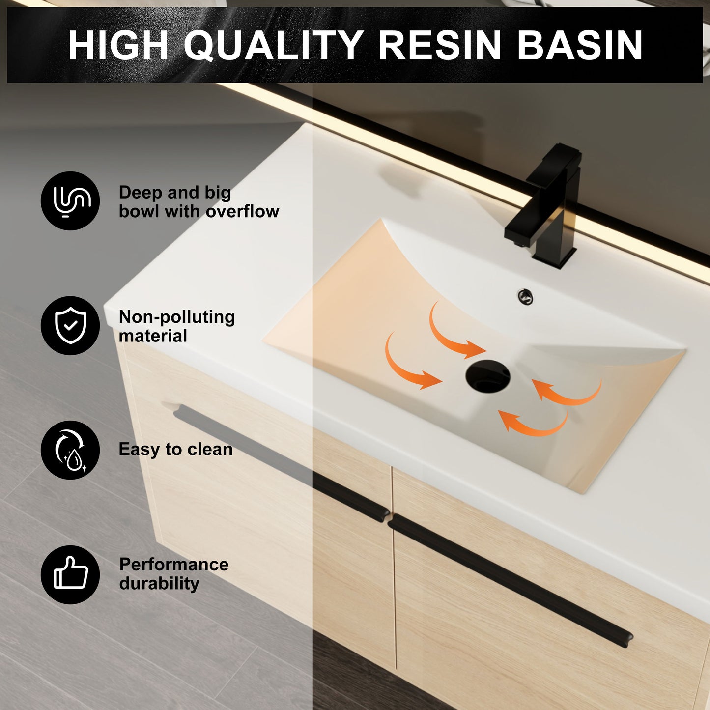 Bathroom Vanity With Resin Countertop Sink, 2 Doors Cabinet Set - Oak