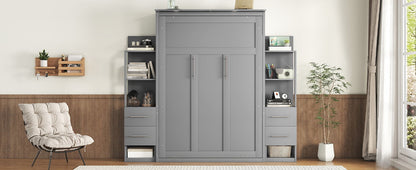 Full Size Murphy Wall Bed With Shelves, Drawers And LED Lights - Gray