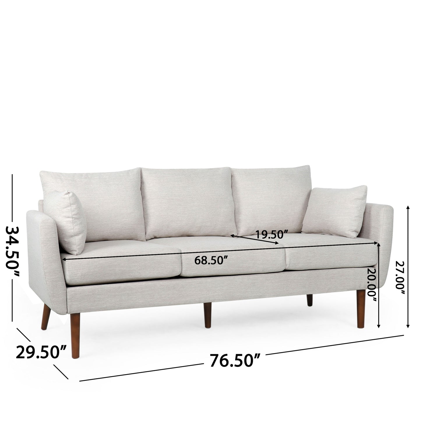 Diaphanous - Upholstered 3 Seater Sofa With 2 Accent Pillows And Wood Legs - Beige