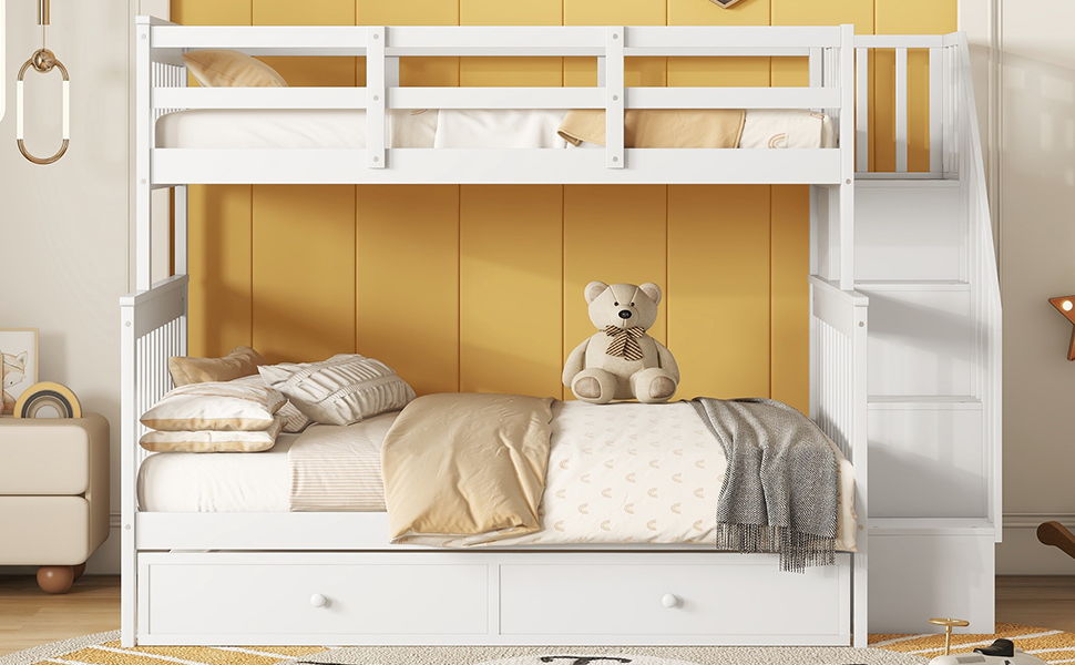 Twin Over Full Bunk Bed With Twin Size Trundle, Storage And Guard Rail For Bedroom - White