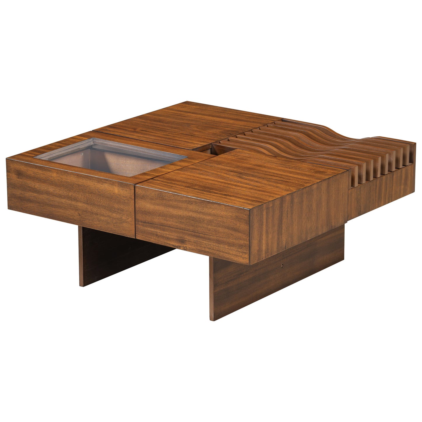 Mid Century Modern Coffee Table, Unique Square Wooden Coffee Table With 3 Drawers, Tempered Glass And Solid Wood Legs For Living Room - Brown