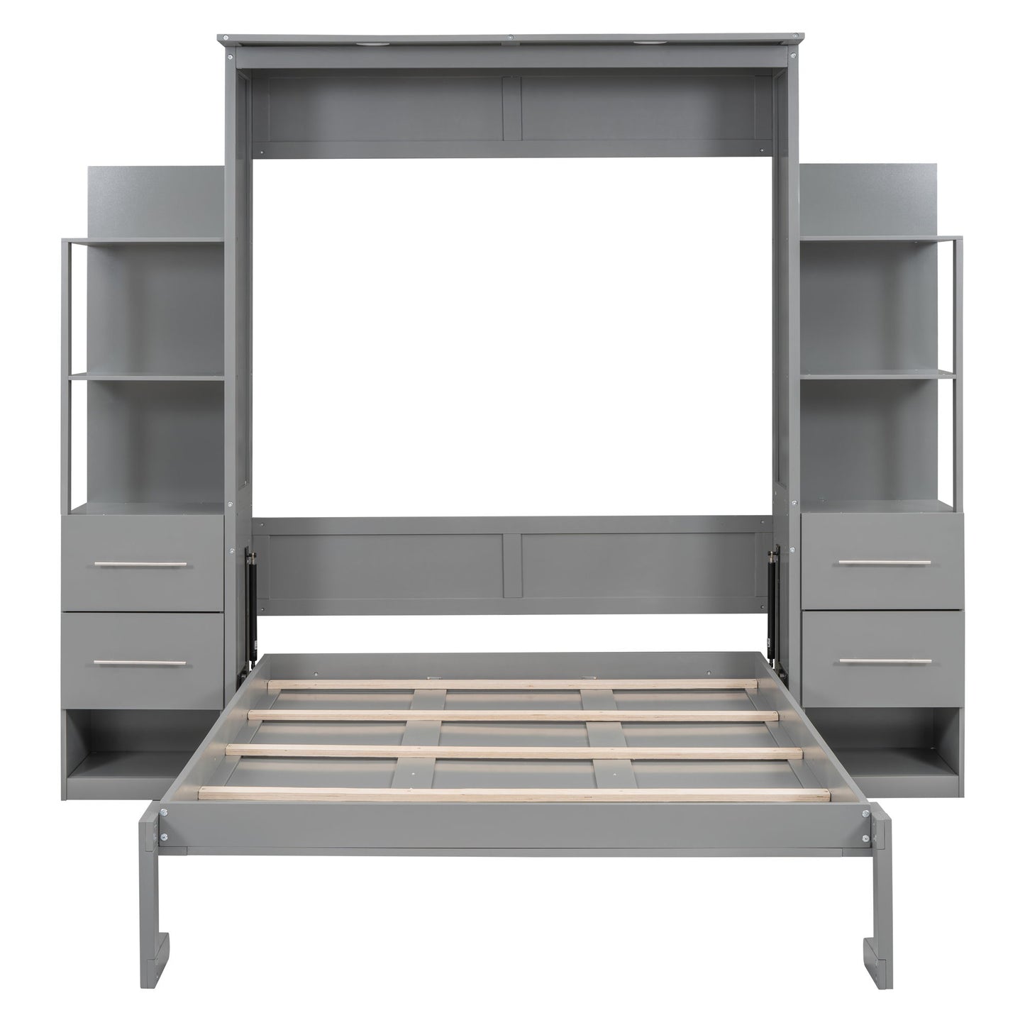 Full Size Murphy Wall Bed With Shelves, Drawers And LED Lights - Gray