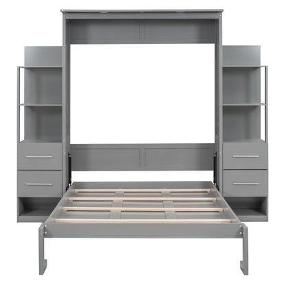 Full Size Murphy Wall Bed With Shelves, Drawers And LED Lights - Gray
