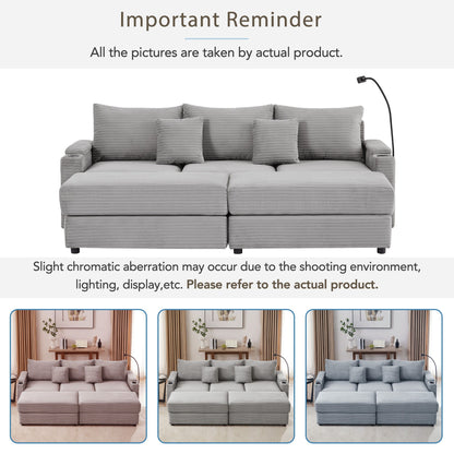 Modern Style 3 - Seater Sofa Sectional Sofa Couch With Storage Space, Two Movable Ottomans, Two USB Ports, Two Cup Holders, A Phone Holder For Living Room - Gray