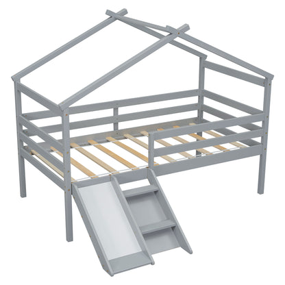 Twin Low Loft House Bed With Slide, Ladder, Safety Guardrails, House Roof Frame - Gray