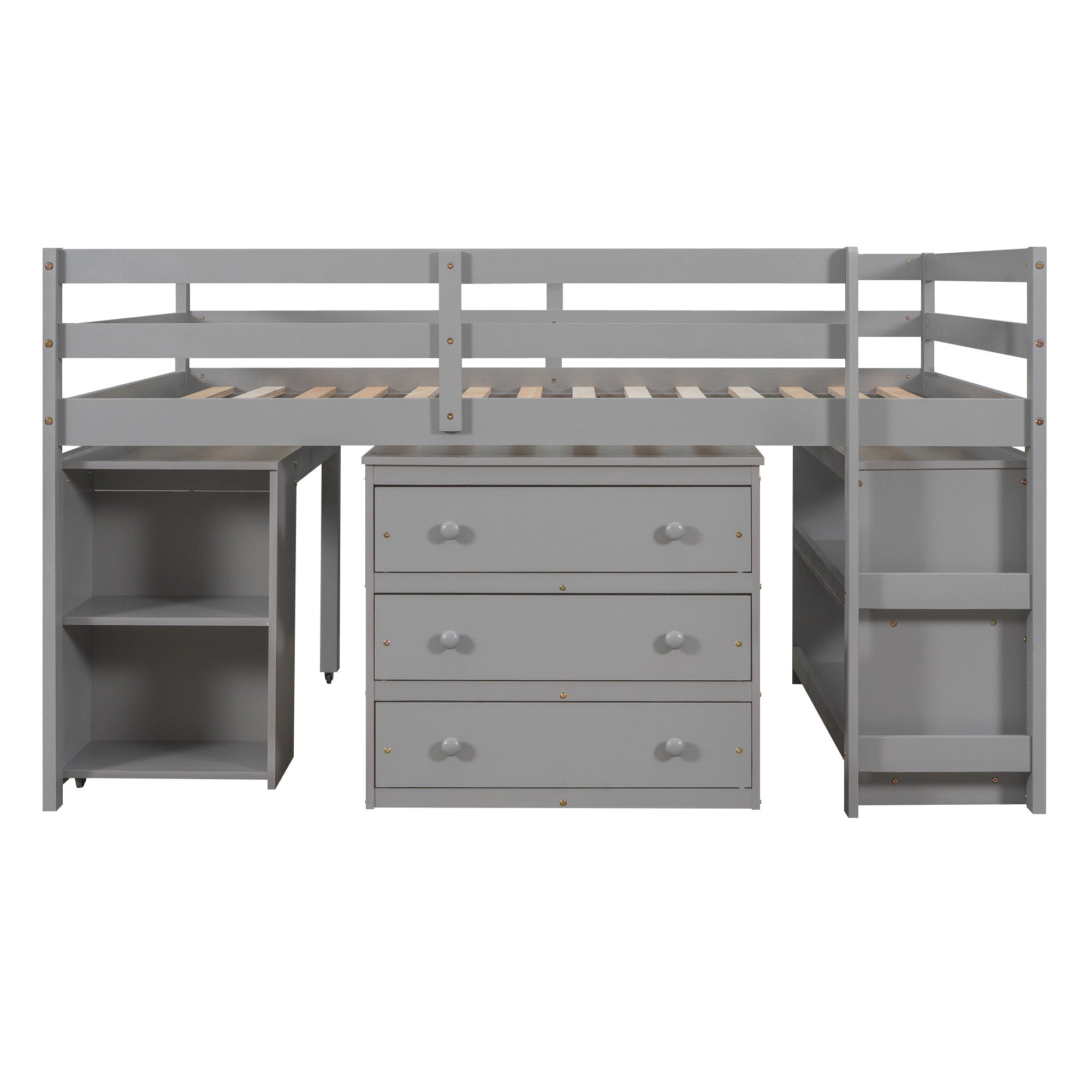 Full Loft Low Study Bed With Cabinet, Shelves And Rolling Portable Desk, Multiple Functions- Gray