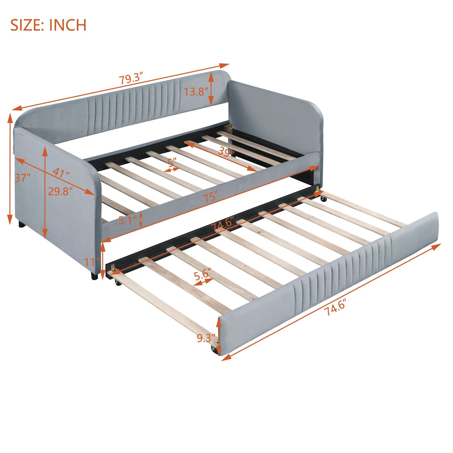 Upholstered Daybed Sofa Bed Twin Size With Trundle Bed And Slat - Gray