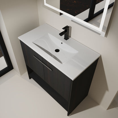 Modern 36" Bathroom Vanity With Ceramic Sink And Soft Closing Doors - Dark Oak