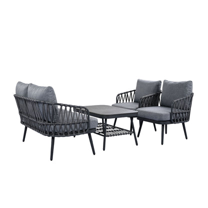 4 Piece Outdoor Patio Furniture Set, Metal Chairs With Woven Rope U Shaped Backrest, Outdoor Conversation Set With Thick Cushions And Coffee Table For Garden, Poolside, Balcony - Black / Gray