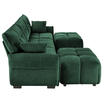 Elegant Textured 3 Seater Sofa Set With Ottoman And Throw Pillows Frame - Green
