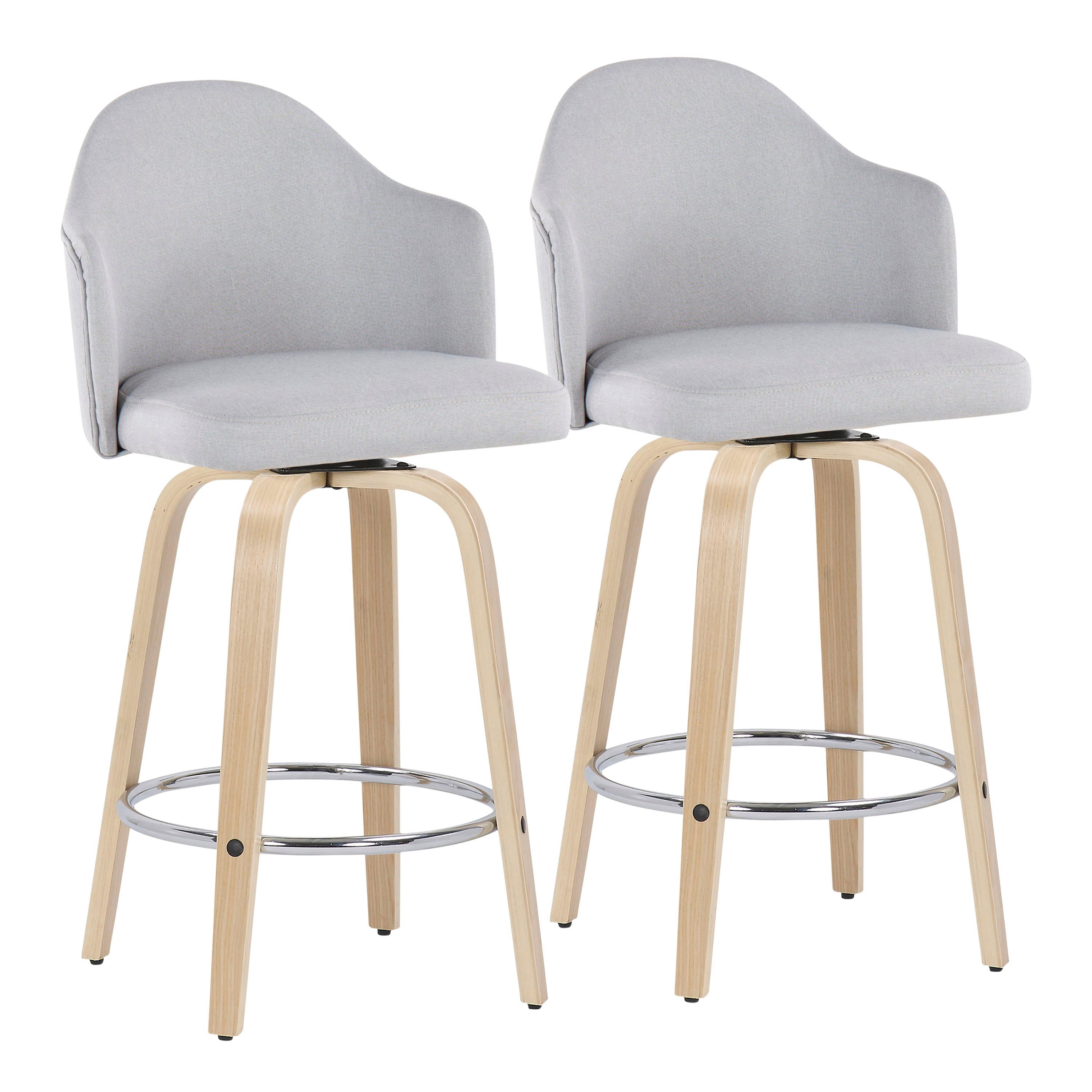 Ahoy - Mid-Century Modern Fixed Height Counter Stool With Natural Legs / Round Chrome Footrest (Set of 2) - Light Gray