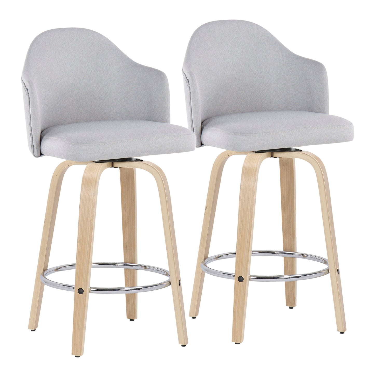 Ahoy - Mid-Century Modern Fixed Height Counter Stool With Natural Legs / Round Chrome Footrest (Set of 2) - Light Gray