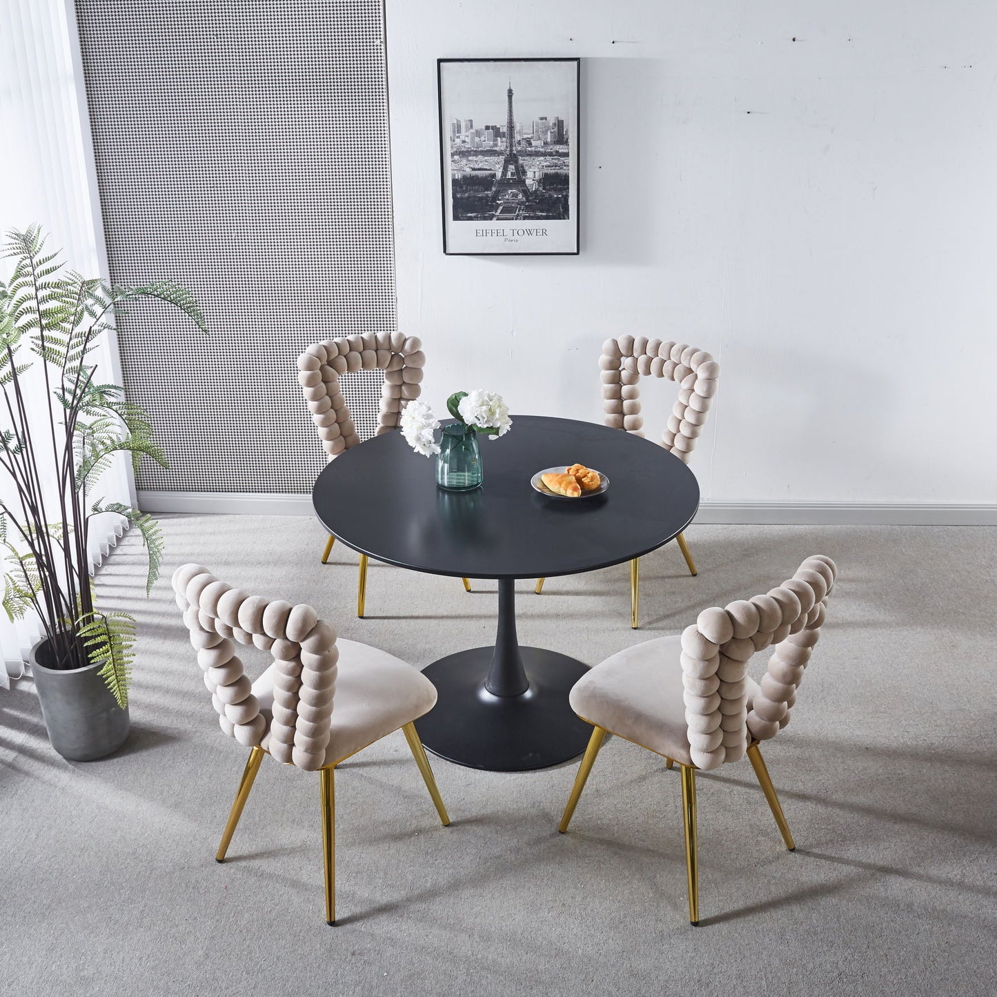Modern Chair With Iron Tube Legs, Soft Cushions And Comfortable Backrest, Suitable For Dining Room, Living Room, Cafe, Hairball Back (Set of 4) - White / Gold