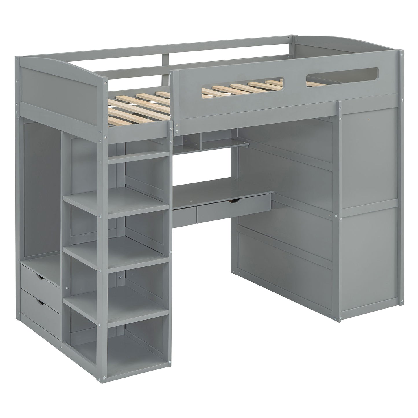 Twin Size Loft Bed With Desk, Wardrobes, 4 Drawers And 4 Shelves Construction - Gray