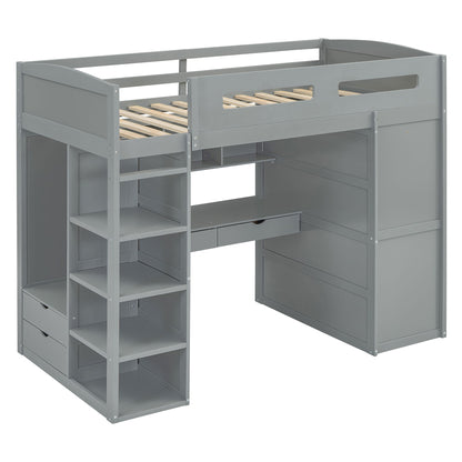 Twin Size Loft Bed With Desk, Wardrobes, 4 Drawers And 4 Shelves Construction - Gray