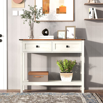 Farmhouse Style Console Table With 2 Drawers And Bottom Storage Shelf - Antique White