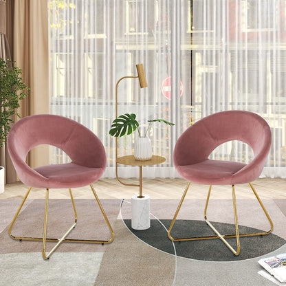 Modern Accent Velvet Chair, (Set of 2) Comfy Upholstered Arm Chair Living Room Furniture Mid-Century Leisure Chair With Metal Frame Legs - Pink