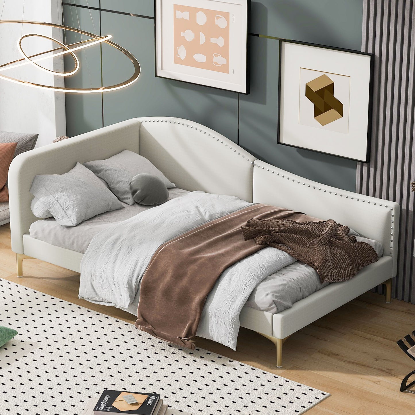 Twin Size Upholstered Daybed With Headboard And Armrest - Beige