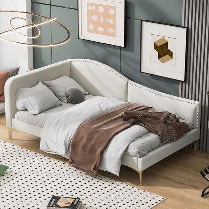 Twin Size Upholstered Daybed With Headboard And Armrest - Beige