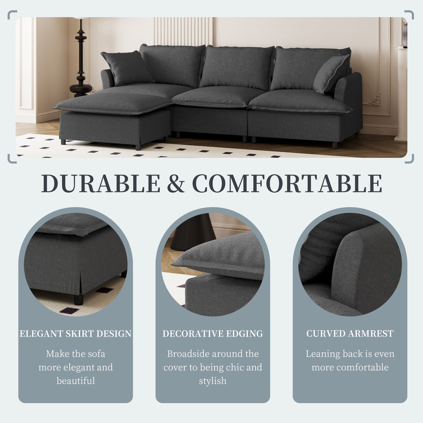 Sectional Sofa With Ottoman L Shaped Cloud Couch Set With Throw Pillows, Free Combination 4 Seat Modular Upholstered - Gray