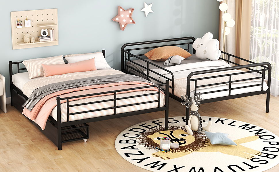 Full Long Over Queen Bunk Bed With 2 Drawers - Black