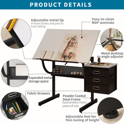 Adjustable Drafting Drawing Table With Stool And 3 Drawers - White / Black