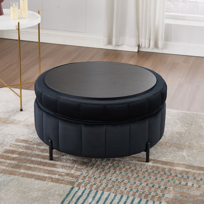 Upholstered Round Ottoman With Reversible Lid, Velvet Storage Stool, Channel Tufted Pumpkin Shape Footstool For Living Room, Bedroom And Office - Black