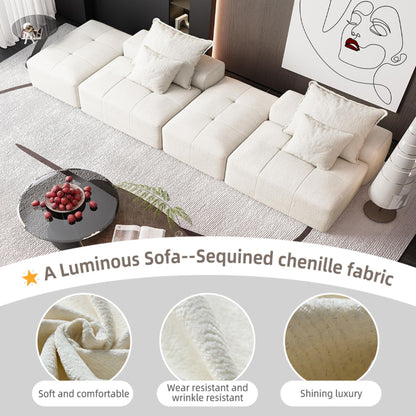 Modern Oversized Modular Sectional Sofa With 2 Ottoman And 2 Seat, Sparkling Chenille Fabric Soft Cushion Sofa With 4 Pillows, 4 Pieces Diy Combination Tufted Sofa, No Assembly Required - Beige