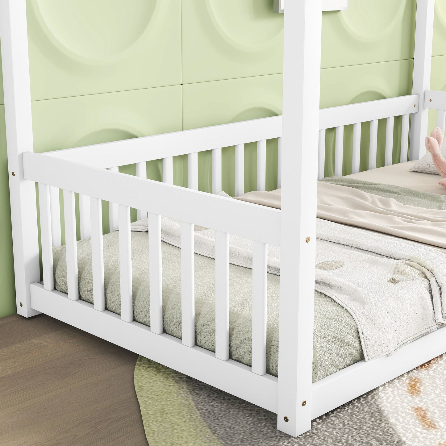 Twin Size Canopy Frame Floor Bed With Fence, Guardrails - White