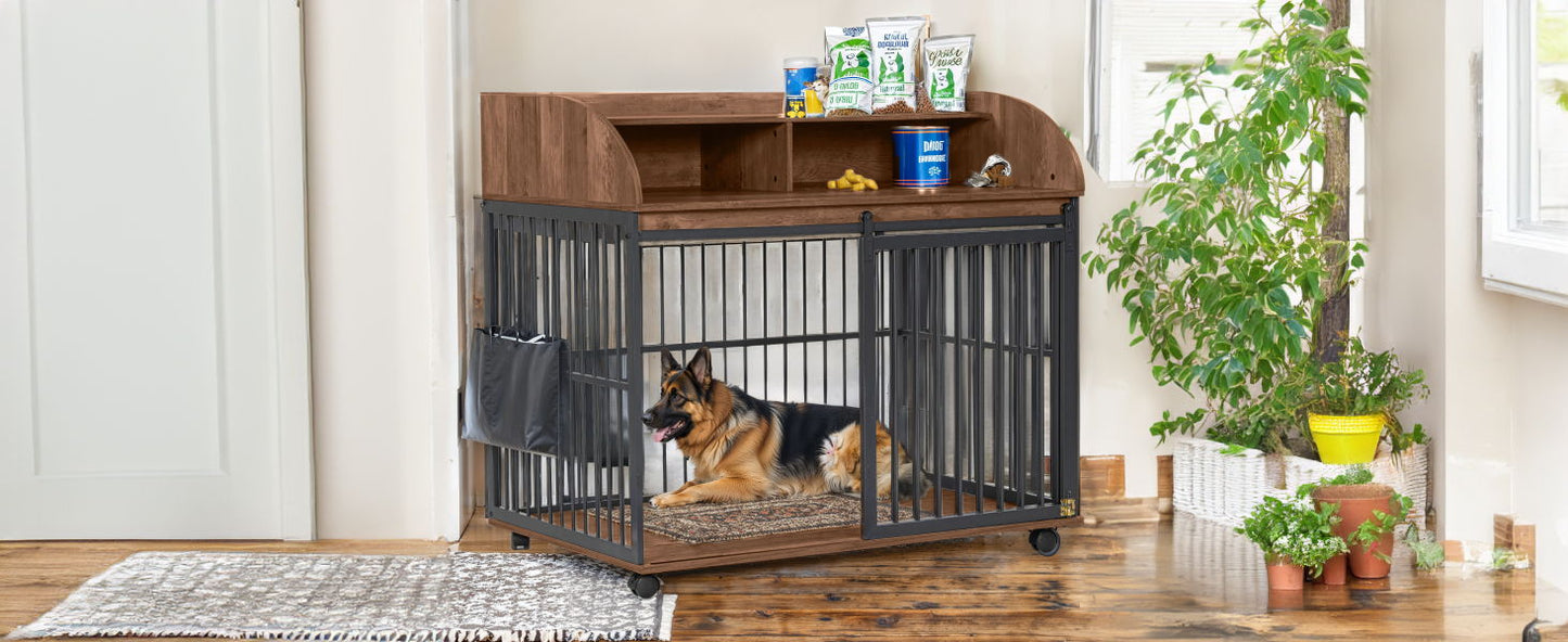 Heavy Duty Large Dog Crate Furniture For Large Medium Dog With Lockable Wheels, Wooden Dog Crate Dog Kennel, End Table Crate With Double Layer Storage - Brown