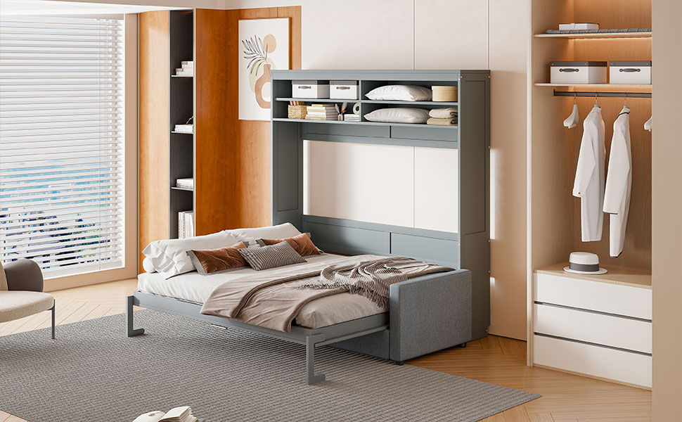 Queen Size Murphy Wall Bed With Sofa - Gray